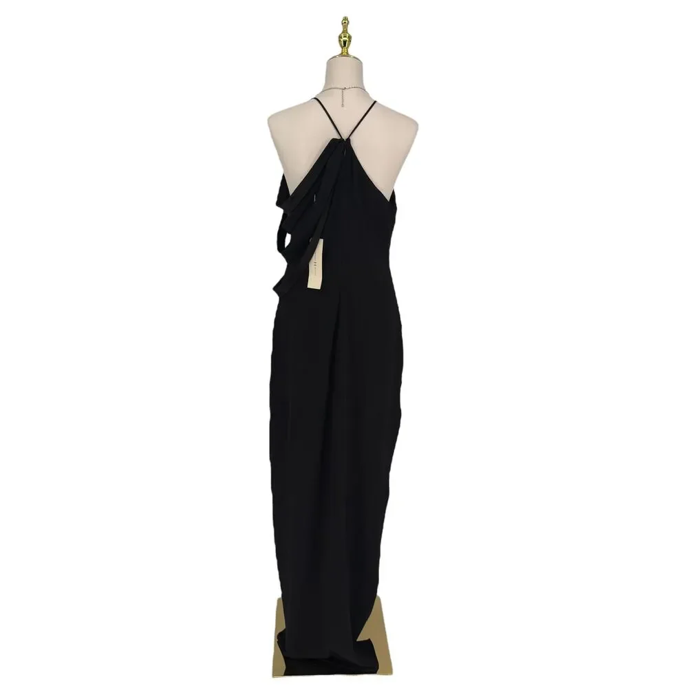 Halston Heritage Black Crepe Zip Halter Gown Dress Sz 8 Slit Strappy Formal NWT - Picture 10 of 16
